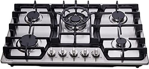 Hotfield 30 Inch Gas Cooktop Stainless Steel 5 Burners Stovetop Dual Fuel Gas Hob NG/LPG Convertible Gas Cooktop HF57013 Stainless Steel