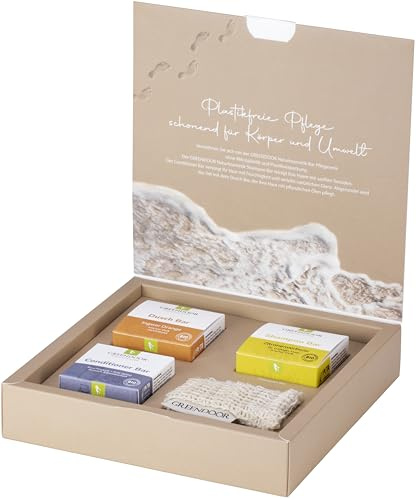 GREENDOOR natürliches Geschenk Set Solid Bar VITAL, Naturkosmetik Shampoo I Dusch Bar I Conditioner I Natur Sisal Säckchen, alles in Papierverpackungen, Geschenk für Damen I Herren