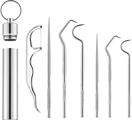 ZHIQIN 7 Stück 304 Edelstahl Zahnstocher Set Tragbare Zahnstocher Metall Titan Zahnstocher Wiederverwendbaren für Außenbereich Picknick und Camping