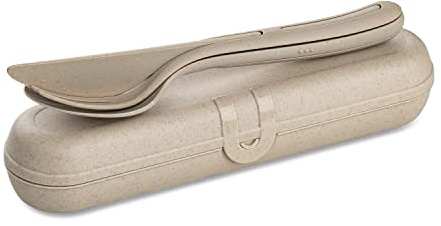 Koziol KLIKK READY Besteck-Set mit Etui, Besteckbox to go, Reisebesteck, Outdoor Besteck-Behälter für Camping, wiederverwendbare Besteck-Verpackung, Bestecktasche, Besteckdose, Natur Wüstensand