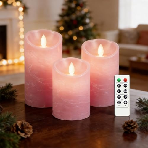 AnnSpa LED Kerzen Batteriebetriebene mit Fernbedienung, 3 Set Flammenlose Echtes Wachs Flackern Moving Wick Flackern Amber Yellow Light Pillar Candles, Unscented Wachs Rosa