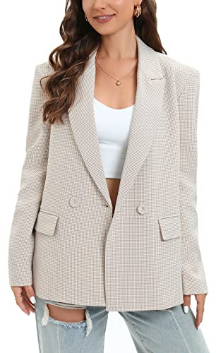 TRNY Damen Oversized Zweireiher Anzug Blazer Jacke Langarm Casual Boyfriend Stil Arbeit Büro Blazer mit Taschen, Mini Beige Hahnentritt, 66
