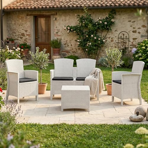 Dmora - Lounge-Set für den Außenbereich Urano, Gartenset mit Kissen, Lounge-Set für den Innenbereich in Rattan-Optik, 100% Made in Italy, Weiß