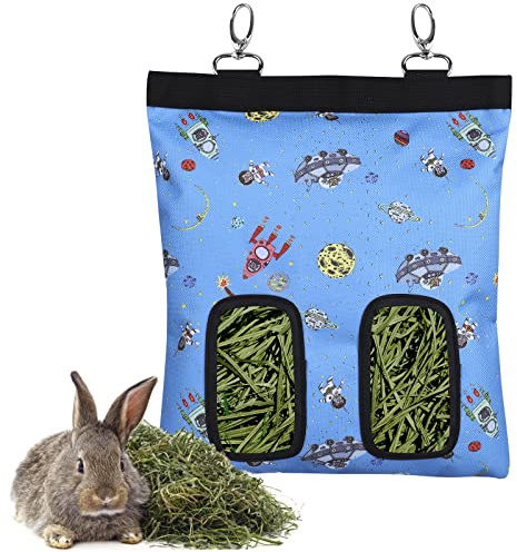 Bolsa de Heno de Conejo Bolsa de Alimentación de Heno henera de tela para cobayas para Conejo Chinchilla Hámster Pequeños Animales (2 ventanas, patrón azul)