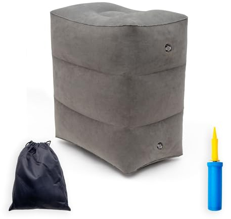 Intirilife Fußstütze Reise Hocker Kissen in Grau - 46 x 28 x 47.5 cm - Fuß Stützkissen Aufblasbar Faltbar mit Tasche und Luftpumpe für Unterwegs 3 Stufen Höhenverstellbar für Flugzeug Zug Auto Zuhause