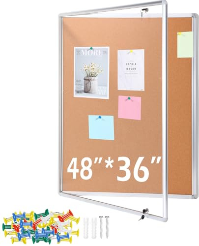 Cholemy Enclosed Bulletin Lockable Cork Case Notice Board 48 x 36 Inch Weatherproof Bulletin Board with Aluminum Frame Mounting Screws Outdoor for School Office Wall Display Pictures(Silver)