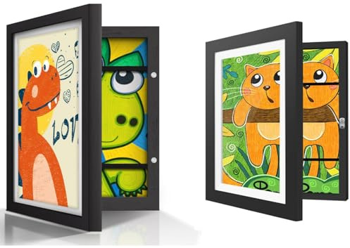 MJFENDAI A5 Kinderzeichnungen Rahmen, Wechselrahmen Aufklappbar, Kids Art Frame Holz Bilderrahmen für Kinderzeichnungen, Frontöffnung, Schwarz