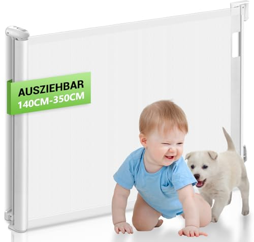 HAPPY FINDING Treppenschutzgitter Ausziehbar Extra Breit 350cm | 84 cm Hoch | Mühelos EIN klick Schloss | Einhändig Bedienbar | Türgitter ausziehbar aus PVC ABS für Treppen/Türen/Innen & Außen