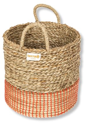 Terra Home Aufbewahrungskorb - türkis, Wasserhyazinthe, rund, Ø 30 cm, H 29 cm, geflochten, dekorativ, mit Henkel - Korb für Aufbewahrung, Spielzeug, Kinderzimmer, Wohnzimmer, Badezimmer