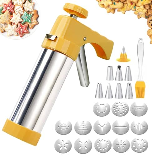 Kekspresse, Edelstahl Spritz Plätzchenpresse, Plätzchenpresse zum Backen, Plätzchenpresse Pistole Kit mit 13 Plätzchenpressscheiben & 8 Tüllen, Cookie Gun, Cookie Maker für Keks Kuchen Plätzchen