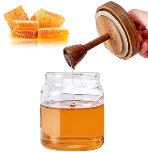 MLKLDOU Tarro de cristal para miel, 500 ml con cucharón y tapa de madera, tarro de almacenamiento transparente para miel, tarro de mermelada para almacenamiento en el hogar y la cocina