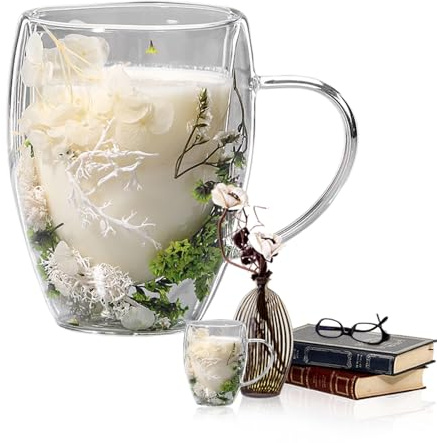 Moxeupon Getrocknete Blumen Glastasse, 350 Ml Doppelwandige Glaskaffeetassen Mit Getrockneten Blumen, Isolierte Tassen Mit Verbrühungsfestem Griff, Kaffeetasse Für Heiße Oder Kalte Getränke