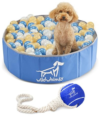 Wild Whimsy Dog Ball Combo Pack 32 Inch Small Foldable Ball Pit & Rope Tug Toy - Indoor Outdoor Playpen with Metal Reinforcement Ring - Storage Case Included