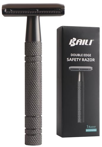 BAILI Doppelkanten-Sicherheitsrasierer, wiederverwendbar, Edelstahl, Nassrasur für Männer und Frauen, Bart-Bikini, Achselhöhle, Beine, Haarentfernung, mattschwarz, BDB2D