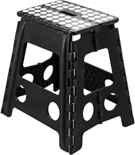 AMD Nexus Strong Plastic 18 Inch Black Folding Step Stool - Premium Compact and Lightweight Anti Slip Foldable Stool with Handles for Kids and Adults