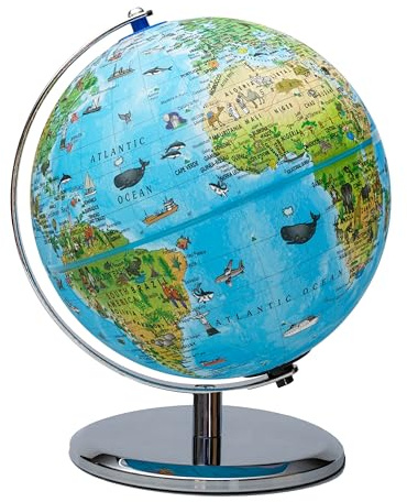 Replogle 8/20cm Interactive Illuminated Political Globe with Chrome Base, Riser and Semi-Meridian. Standing 12 inches tall, This Colorful Easy to Read Globe Illuminates Brightly. The Perfect Interactive STEM Educational With Over a Thousand Pieces of Information. Ideal Night Light for Bedroom, Office or Home Decor. (Blue Kids)