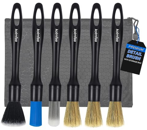 Kotmfaa 6x Car Detailing Brushes Set with Storage Bag, Professional Auto Detail Cleaning Brush Tool Kit - for Car Alloy Wheels, Emblems, Air Vents, Leather, Engine Bay, Interior & Exterior Wash Care