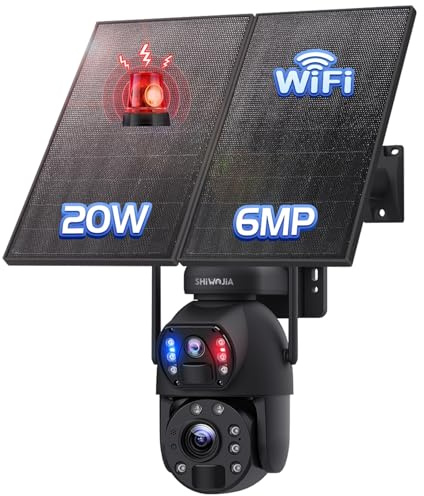 SHIWOJIA Telecamera Esterna Senza Fili Solare [Registrazione 24/7], Telecamera di Sorveglianza Solare con Pannello Solare 20W Batteria 20,000mAh, Doppio Obiettivo, Doppio PIR