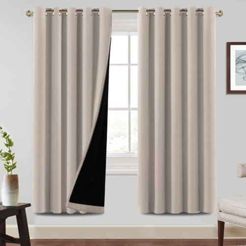 BellaHills 100% Blackout Curtains for Bedroom Thermal Insulated Blackout Curtain Heat and Full Light Blocking Eyelet Curtains for Living Room with Black Liner 2 Panels, 66 x 72 Inch, Natural Sand