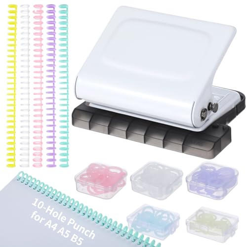 10-Hole Binder Machine Kit, Manual Binding System with 10 Pcs Loose Leaf Binding Spines & 100 Pcs Binder Rings, Binding Machine for Planner, 26 Holes on B5, 30 Holes on A4, 20 Holes on A5