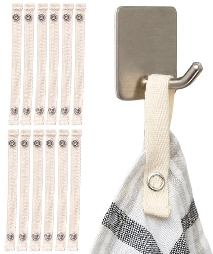 Your Day Mate No-sew Hangers for Textiles, 12 Pack, 150 x 12 mm Loops, in White, Made of Cotton, Press Stud Fastener, Hanger tabs for Tea Towel, Bath Towel, Cloth, Cloth, Decoration, Camping