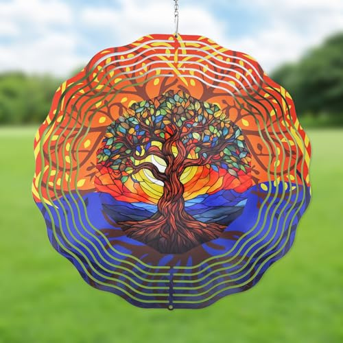 Tree of Life Wind Chime, Hanging Metal Mandala Wind Spinner Outdoor Metal Chime 3D Rotating Wind Sculptures Outside for Garden Yard Art Window Decor