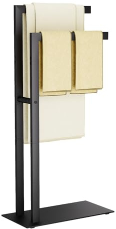 Yawinhe Towel Rack,Towel Rail Free Standing,2 Tier Metal Towel Holder for Bathroom, Drying and Display Rack with Shelf,Washcloths Holder for Living room, 40×20×80cm, Black,SMJ003B
