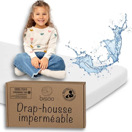 Bisoo Drap Housse 90x190 Impermeable - Alese 80x180-2en1 Drap Housse tege Matelas Reglable Impermeable pour Lit Montessori Enfant - 100% Jersey Oeko-Tex - 1 Drap Impermable Blanc 190x90 CM