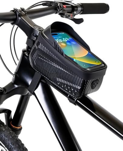 Wasserdichte Fahrrad Rahmentasche mit TPU Touchscreen für Smartphones bis zu 6.8 Zoll – Handytasche, Lenkertasche, Fahrradzubehör für Mountainbikes, Rennräder und E-Bikes mit Regenschutz (Schwarz)