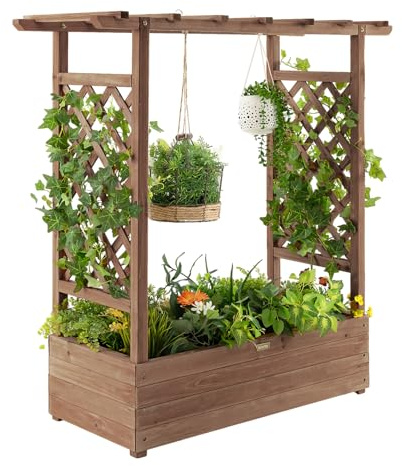 COSTWAY Fioriera da Esterno con Grigliato, Letto Rialzato da Esterno per Piante Rampicanti con Traliccio e Fori di Drenaggio, Aiuola Elevata da Giadino e Cortile, 100 x 44 x 113,5 cm (Marrone)