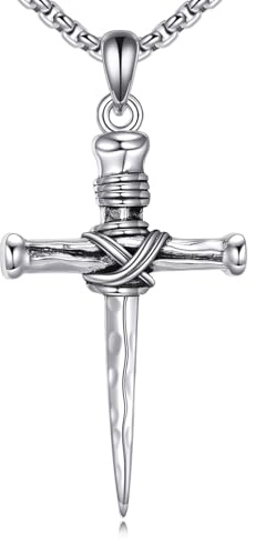 CUPENDA Collana a croce con tre chiodi, da uomo, in argento Sterling, ciondolo a forma di croce, gioielli cristiani, regalo per uomini 22+2, Standard, Argento sterling, Nessuna pietra preziosa