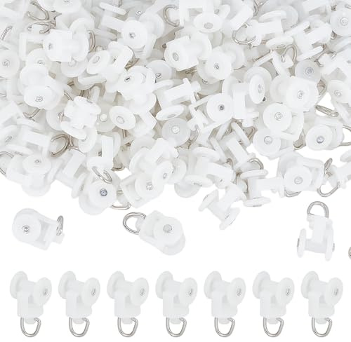 NICENEEDED 100 Rodillos Deslizantes para Riel de Cortina, Poleas Rieles Plástico Blanco con Ganchos de Acero Inoxidable, Portadores de Rodillos con Dos Ruedas para