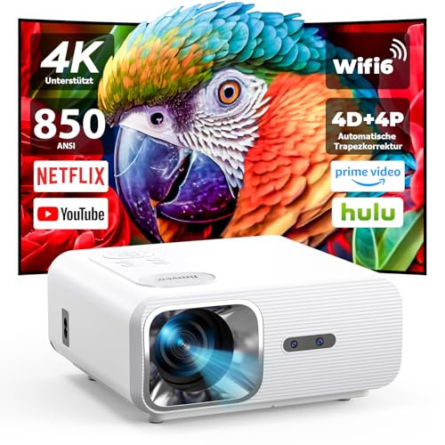 4K Beamer 【Autofokus & Auto 4P/4D】30000L 1080P Full-HD, WiFi6 Bluetooth5.2, Jimveo unterstützt 4K Heimkino Beamer mit 50% Zoom, 400 LED Bildschirm, kompatibel