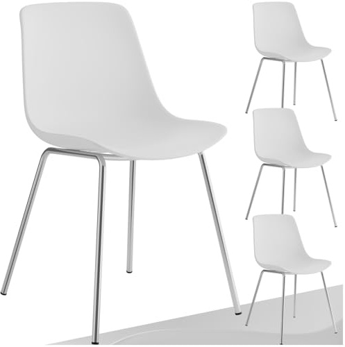 tectake® 4er Set Esszimmerstühle, modernes Design, Kunststoff Stühle mit schlanken Stahlbeinen, ergonomische Küchenstühle mit rutschfesten Kappen, bequemer Bürostuhl, leichte Reinigung - weiß/Chrom