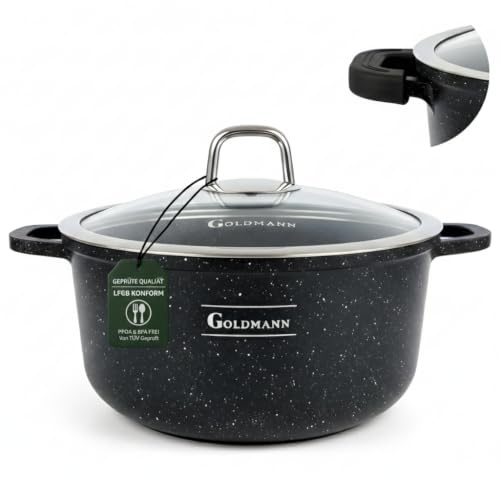 GOLDMANN Kochtopf aus Aluminiumguss, 32 cm - 9.9 L, antihaftbeschichtete Keramik-Marmor-Optik, Glasdeckel, induktions- und für alle Herdarten geeignet, ofenfest und PFOA-frei