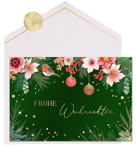 Joli Coon Premium Weihnachtskarte ELEGANT, mit FinePaper Kuvert | 300g Perlmuttpapier, Schimmereffekt, Goldveredelung, goldender Siegelsticker, für persönliche Weihnachtsgrüße