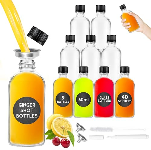 Herbbree Glass Shot Bottles with Lids - 9 Pack 60ml Small Ginger Shots Bottles with 2 Funnels, Labels, Brush, Pen, 2oz Reusable Glass Juice Bottle for Juice, Ginger, Whiskey, Essential