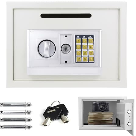16L Large Digital Fireproof Safe Box Electronic Security Steel Safe Home Office Money Cash Safety Wall Box with Digital Keypad & 2 Keys, Personal Safes for Money Document Jewelry Passport Gun, White