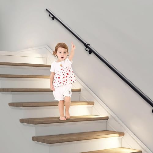 Renmlion Pasamanos de Escalera Moderno - Kit Completo | Barandilla de Escalera Redonda de 80cm/100cm/1.5m/2m/3m/4m | Pasamanos de Seguridad de Tubo de Hierro metálico para escaleras Interiores(100cm)