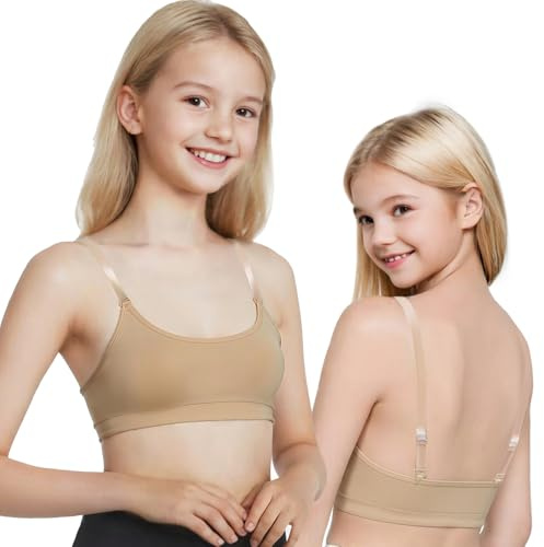 Mulnall Girls Dance Bra Clear Straps Ballet Bras,Unpadded with 2 Pairs Adjustable Straps,1 Pair Silicone Pads(8E-18-S)