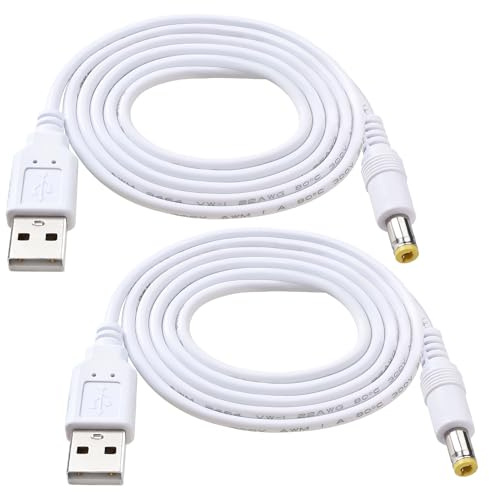 KUOQIY 2 Pezzi 1m 22AWG Cavo USB a DC 5V, Cavo di Alimentazione da USB a Jack a Cilindro da 5.5x2.5 mm 5 Volt DC, per Strisce Luminose a LED, Piccole Lampade da Scrivania, Piccoli Ventilatori, Bianco