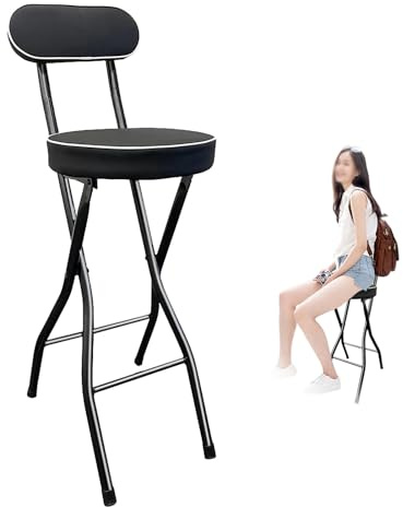 QZQJUILU Sgabello da Bar Pieghevole Portatile per Adulti, Sedia da Cucina Rotonda Alta con Seduta Imbottita in Similpelle Nera, Altezza Regolabile 65/70/75 cm, Perfetto (Noir 26inch/65cm)