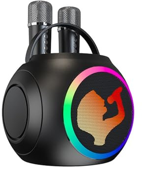 Luocute Máquina de Karaoke, Altavoz con 2 Micrófonos Inalámbricos Sound de Frecuencia Completa 2.4G Transmisión RGB Luces (Black)