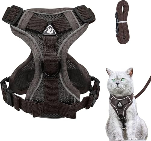 Verstellbares Katzengeschirr Ausbruchsicher, Katzengeschirr mit Leine Set, Softgeschirr für Katze Brustgeschirr für Katzen Kitten Hunde Welpen (Brown, S)