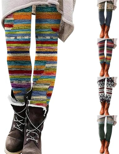 Legging pour femme - Multicolore - À motifs - Chaud - Thermique - Doublure d'hiver - Longueur de jambe plus longue - Fair Isle - Collants à motif norvégien - Skinny - En tricot - Stretch - Pantalon de