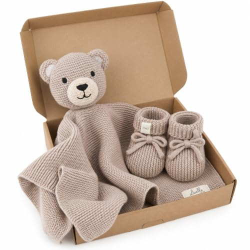 Livella Kuscheltuch Bär mit Söckchen – Kuscheltier aus 100% Bio-Baumwolle | mit Geschenkbox, 40 x 40 cm, weiche Strickstruktur, atmungsaktiv & maschinenwaschbar, OEKO-TEX 100, inkl. Babysöckchen