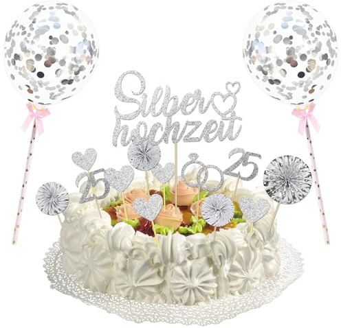 23 StüCk Tortendeko Silberhochzeit Cake Topper, 50 Hochzeitstag Silberne Papier Glitzer Cake Topper, Silberhochzeit Deko für 25 Hochzeitstag Silberne Herz Tortenstecker Hochzeit JubiläUm Dekoration