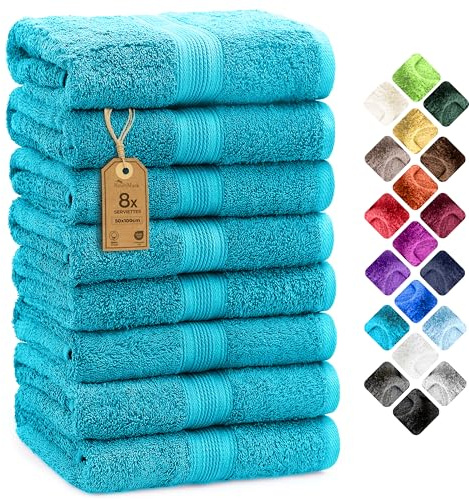 NatureMark Set de 8 Toallas de Mano - 100% Algodón - Toallas Absorbentes y Duraderas, Tamaño 50×100 cm, Turquesa