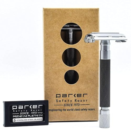 Parker 74R Gris graphite – Rasoir de sécurité papillon ouvert à long manche pour homme | Rasoir de rasage humide à double tranchant lourd avec 5 lames de qualité supérieure