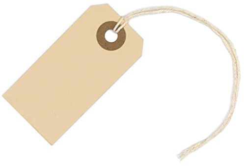 100 Small Manila Paper Tags with String - #1, 2 3/4” x 1 3/8” - Hang Shipping Labels with String Attached and Reinforced Hole, Pre-Strung Tags